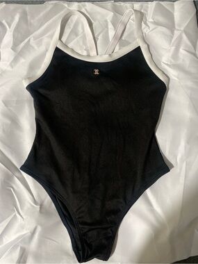 CHANEL Women Ribbed One Piece Swimsuit Black White Logo Crossback Size S